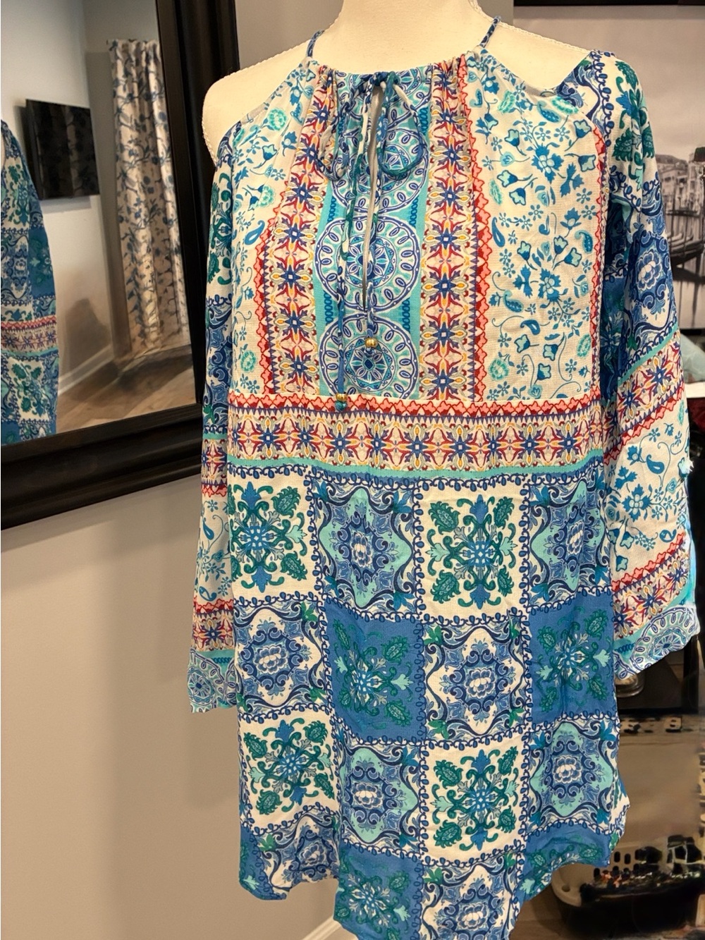 Nanette Lepore Blue and White Tile-Print Cold-Shoulder Swim Cover Up